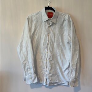 Men's Light Blue and white  pinstrip Shirt with white embroidery size L